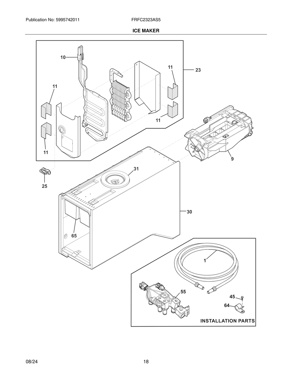 Ice Maker Diagram and Parts List for FRFC2323AS5  Frigidaire Refrigerator