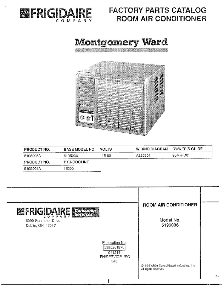 Room Air Conditioner/front Cover Diagram and Parts List for 5195006A  Frigidaire Air Conditioner