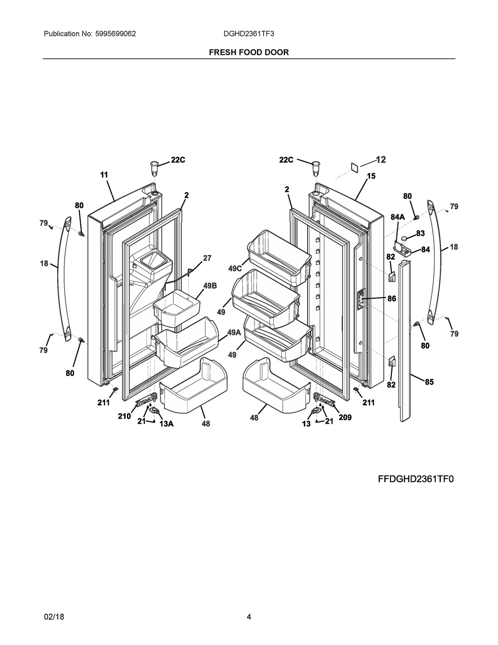 Fresh Food Door Diagram and Parts List for DGHD2361TF3  Frigidaire Refrigerator