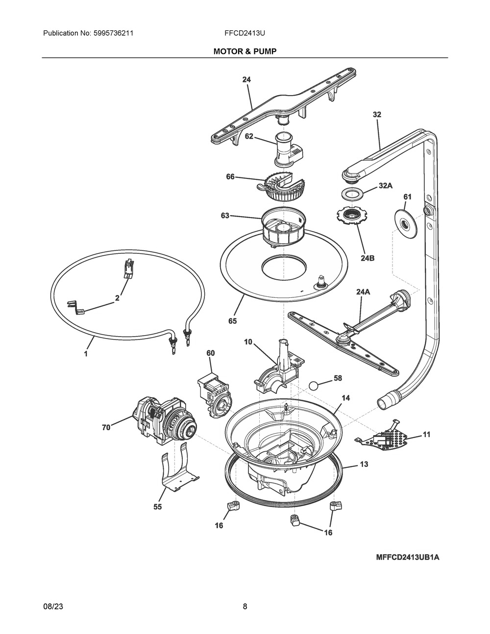 Motor And Pump Diagram and Parts List for FFCD2413UB5A  Frigidaire Dishwasher