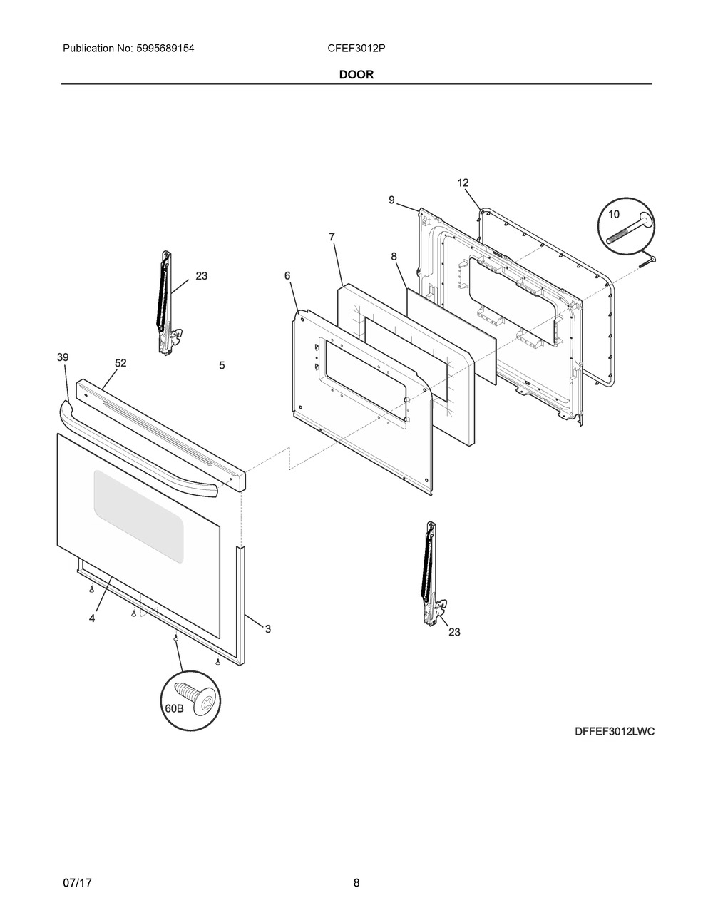 Door Diagram and Parts List for CFEF3012PWE  Frigidaire Range