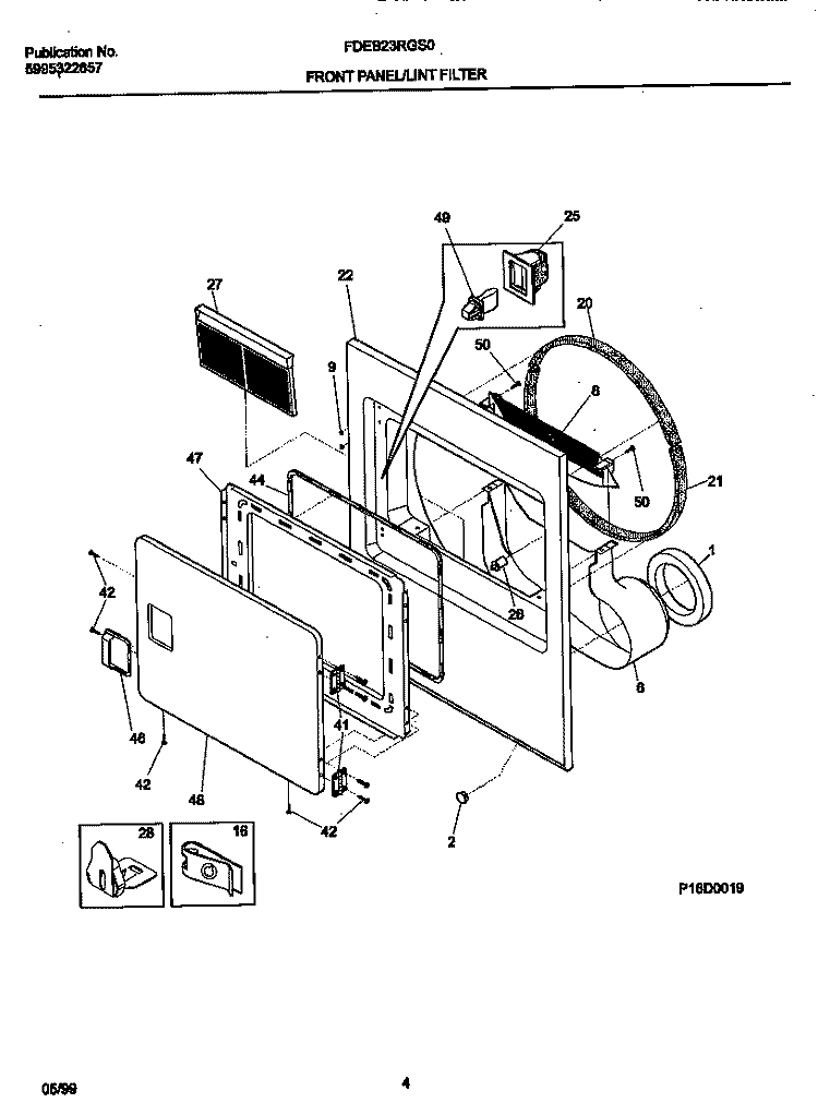 P16D0019 FRNT PNL, DOOR Diagram and Parts List for FDEB23RGS0  Frigidaire Dryer