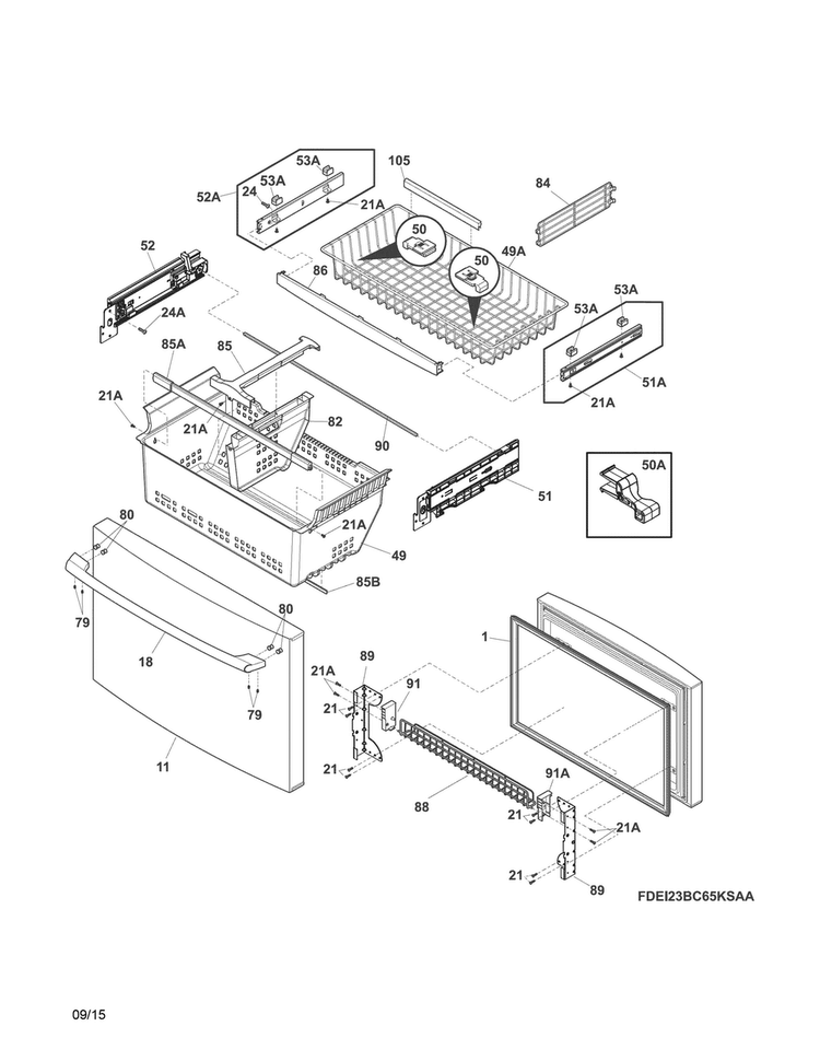 Freezer Drawer, Baskets Diagram and Parts List for EI23BC60KS7A  Electrolux Refrigerator