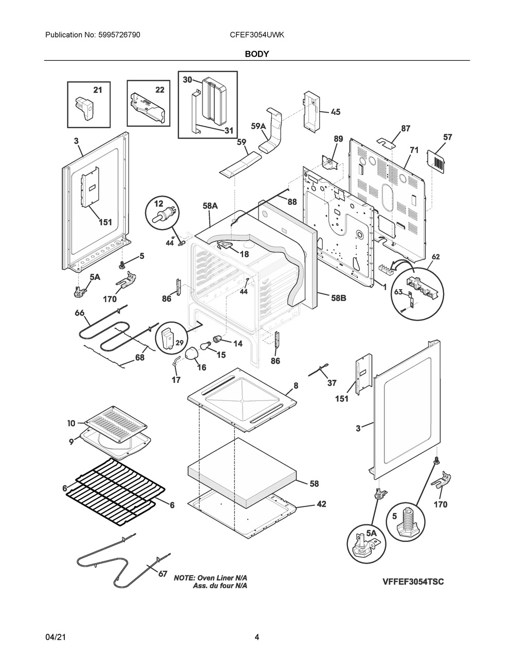 Body Diagram and Parts List for CFEF3054UWK  Frigidaire Range