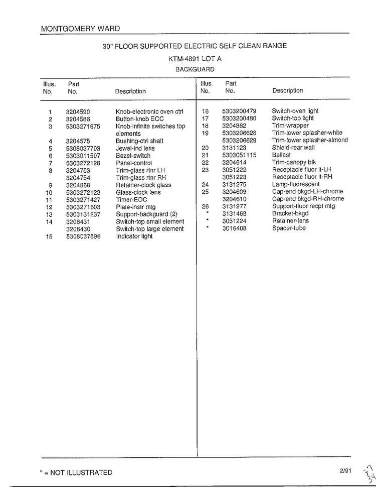 Backguard Page 2 Diagram and Parts List for 4891A  Frigidaire Range