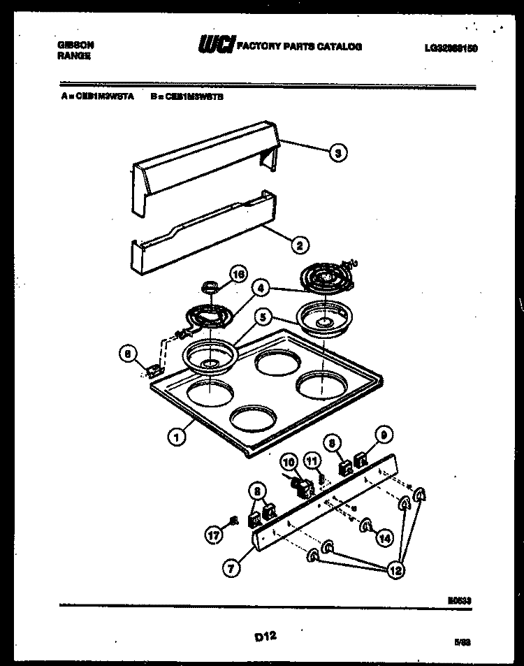 BACKGUARD AND COOKTOP PARTS Diagram and Parts List for CEB1M3WSTA  Gibson Range