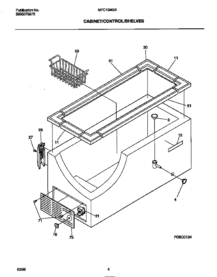 CABINET / CONTROL / SHELVES Diagram and Parts List for MFC13M3BW2  Frigidaire Freezer