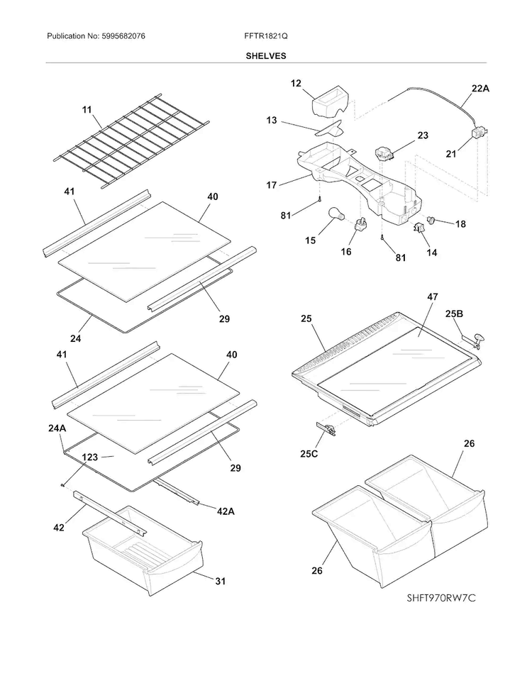 Shelves Diagram and Parts List for FFTR1821QW7A  Frigidaire Refrigerator