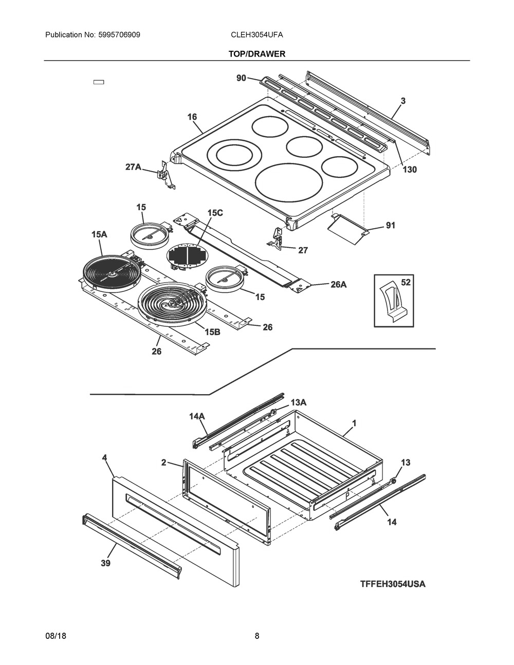 Top/drawer Diagram and Parts List for CLEH3054UFA  Frigidaire Range