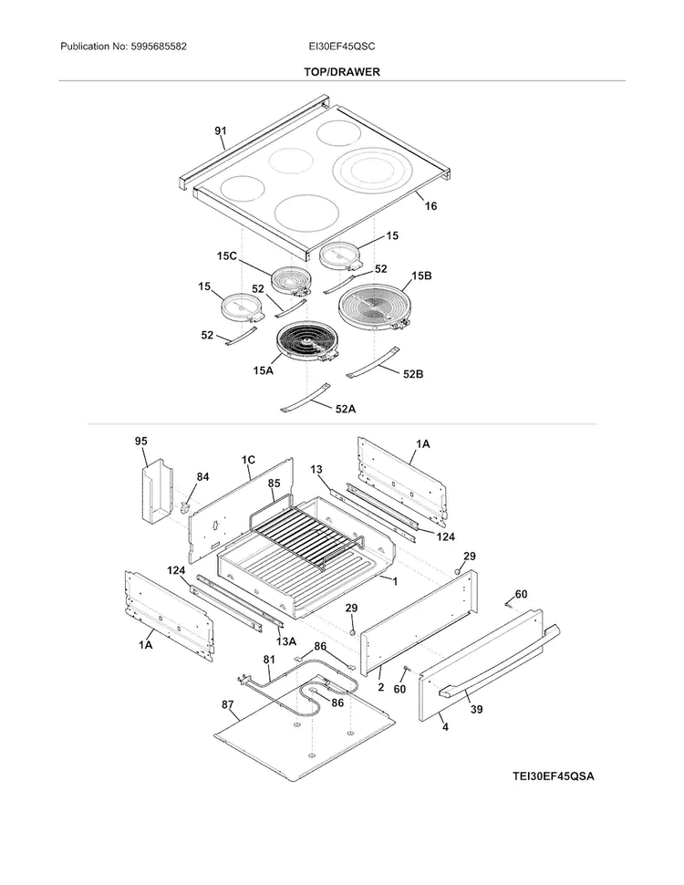Top/drawer Diagram and Parts List for EI30EF45QSC  Electrolux Range