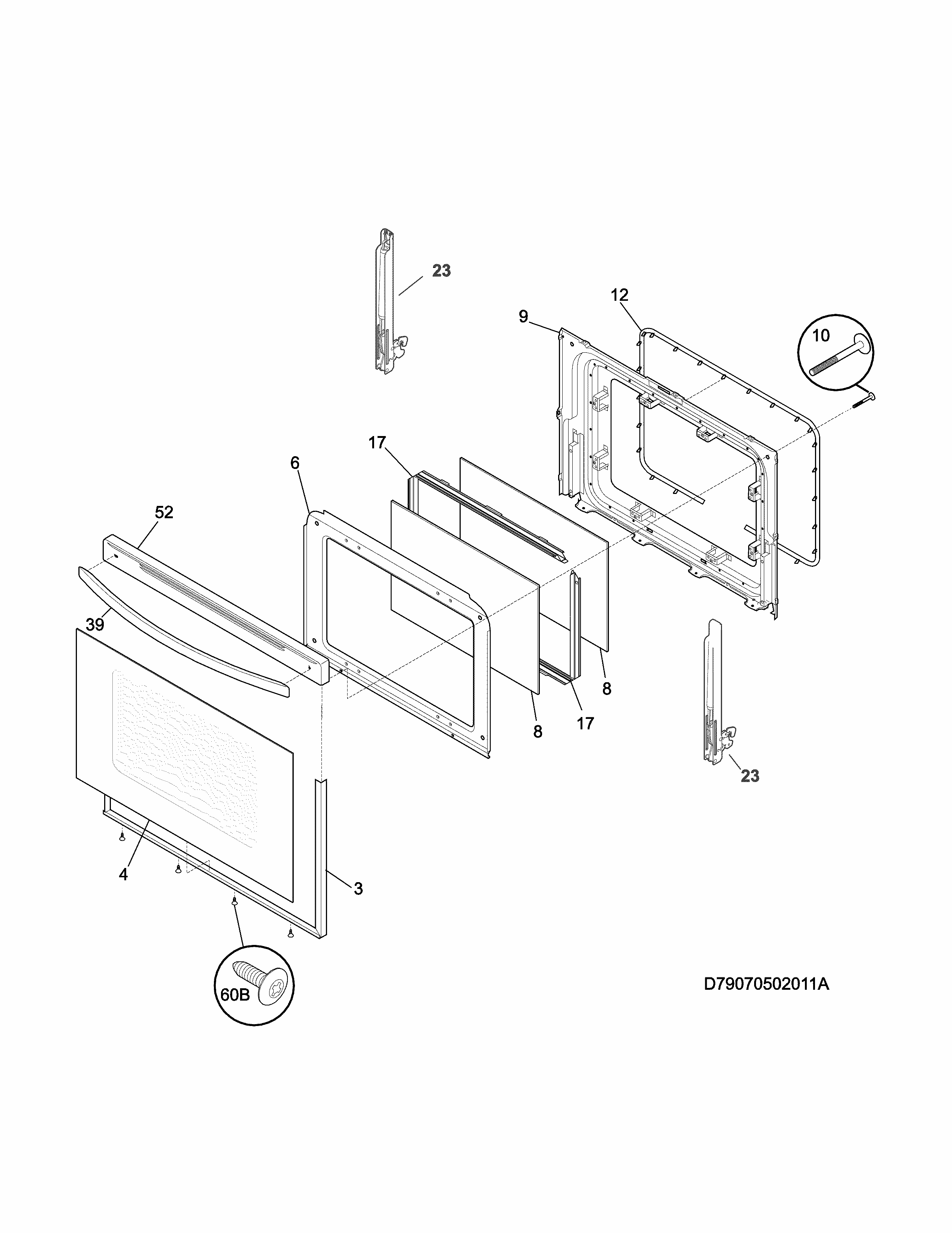 Door Diagram and Parts List for 79073439312  Kenmore Range