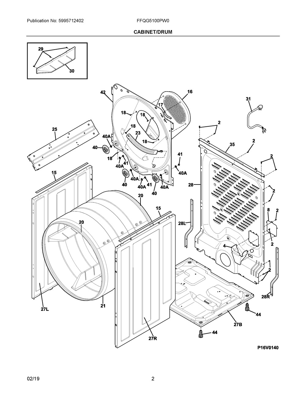 Cabinet/drum Diagram and Parts List for FFQG5100PW0  Frigidaire Dryer