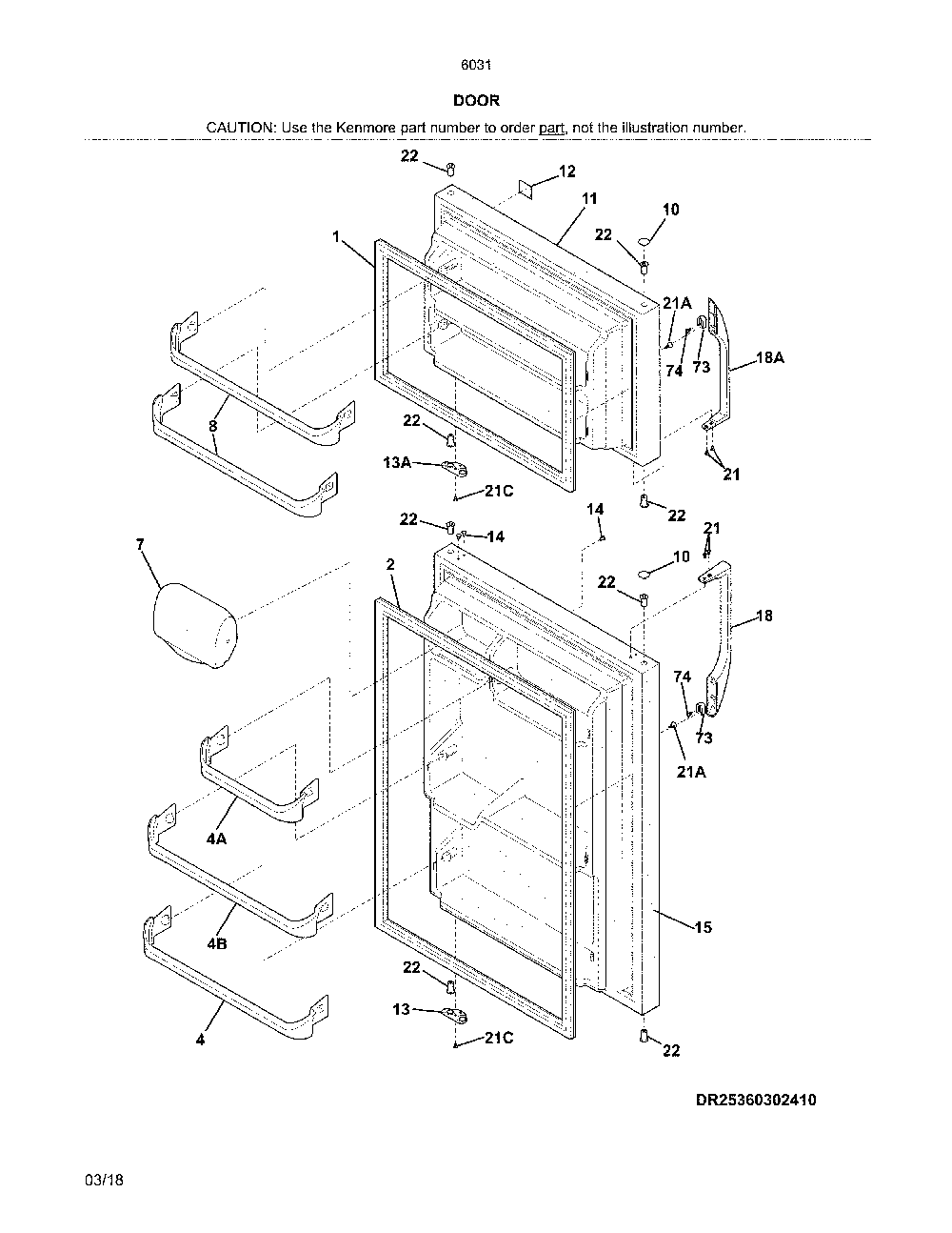 Doors Diagram and Parts List for 25360319416  Kenmore Refrigerator