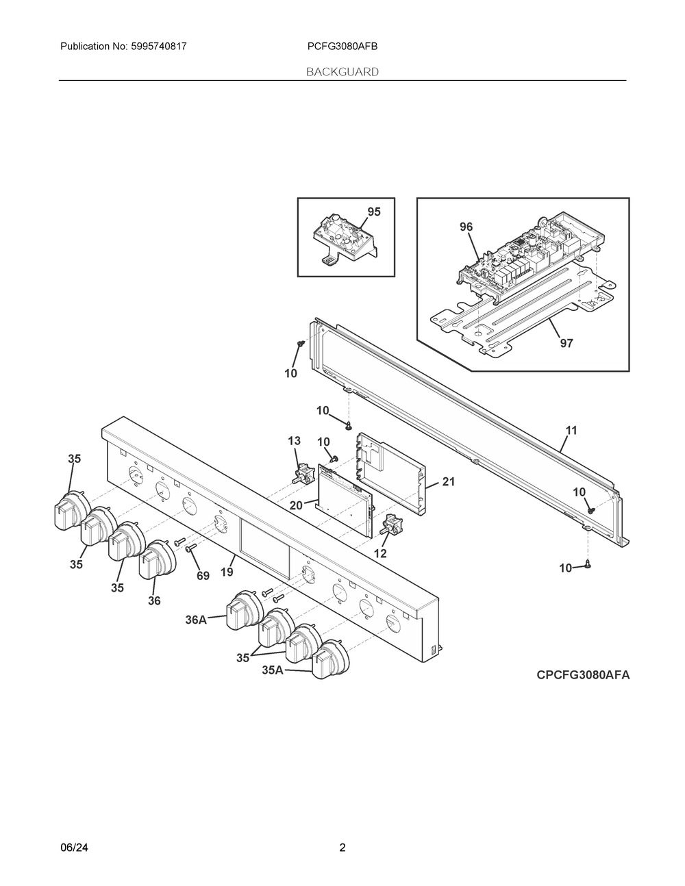 Backguard Diagram and Parts List for PCFG3080AFB  Frigidaire Range