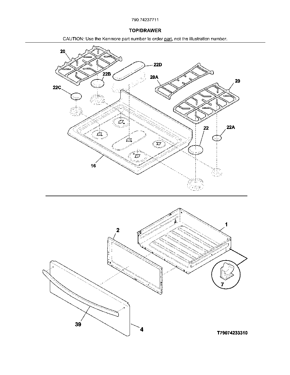 Top/drawer Diagram and Parts List for 79074237711  Kenmore Range