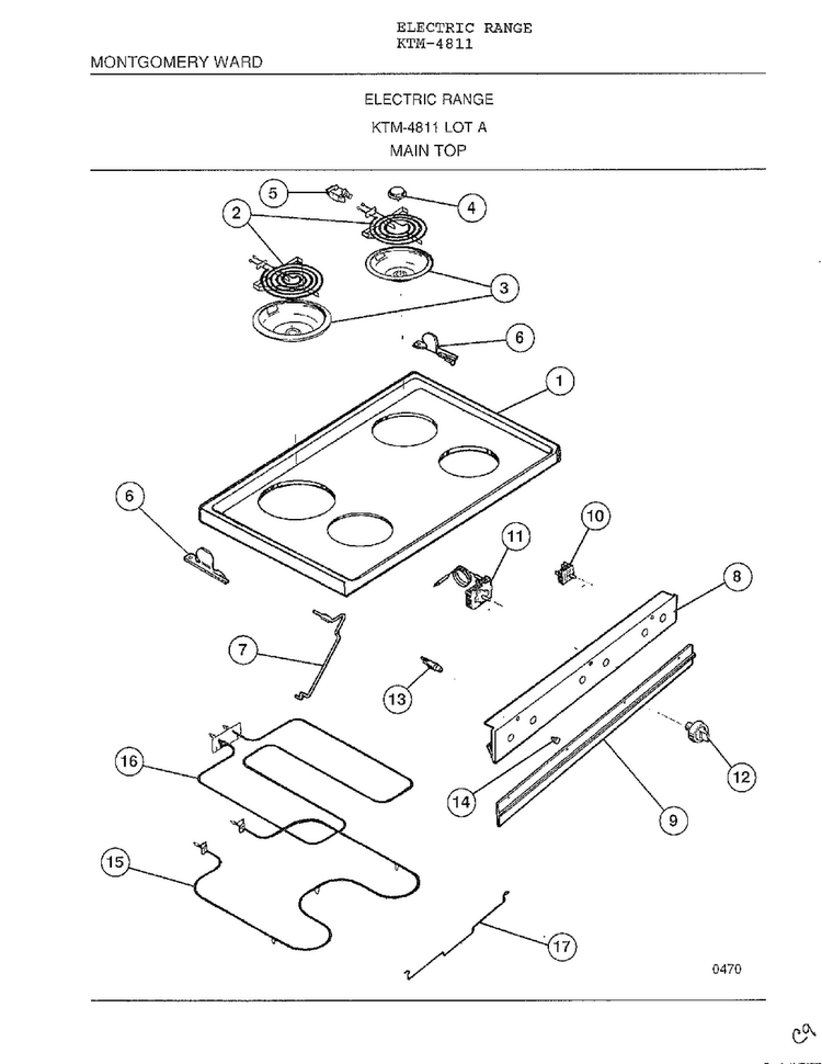 Main Top Diagram and Parts List for 4811  Frigidaire Range