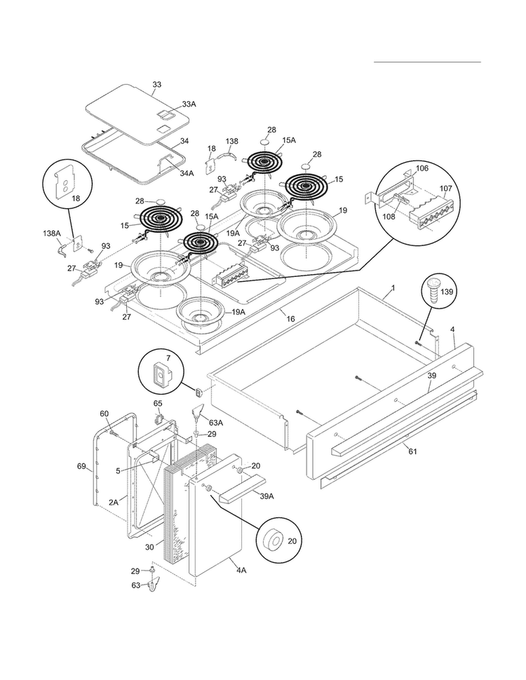 Top/drawer/small Door Diagram and Parts List for FFEF4017LBC  Frigidaire Range