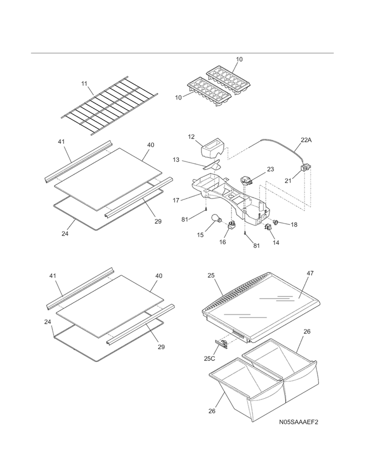 Shelves Diagram and Parts List for 2536888901E  Kenmore Refrigerator