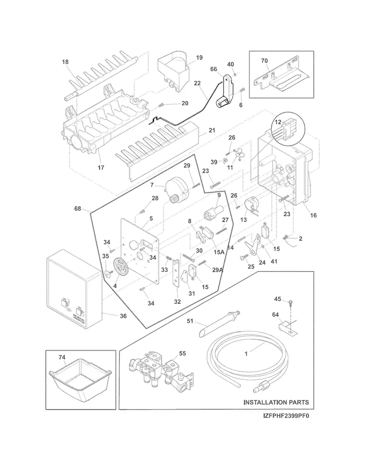 Freezer Ice Maker Diagram and Parts List for EW23BC85KS6  Electrolux Refrigerator