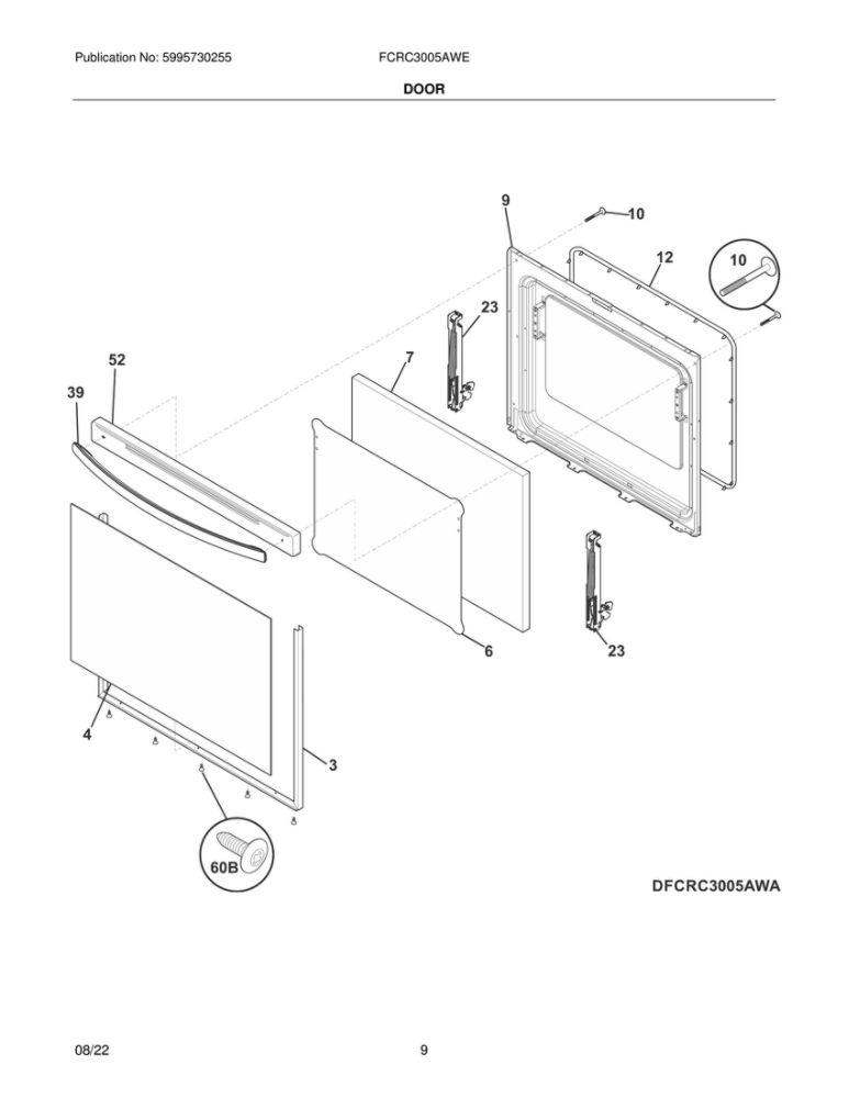 Door Diagram and Parts List for FCRC3005AWE  Frigidaire Range