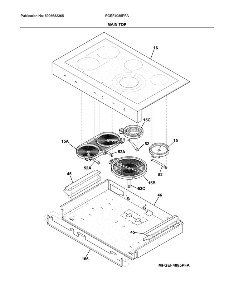 Main Top Diagram and Parts List for FGEF4085PFA  Frigidaire Range