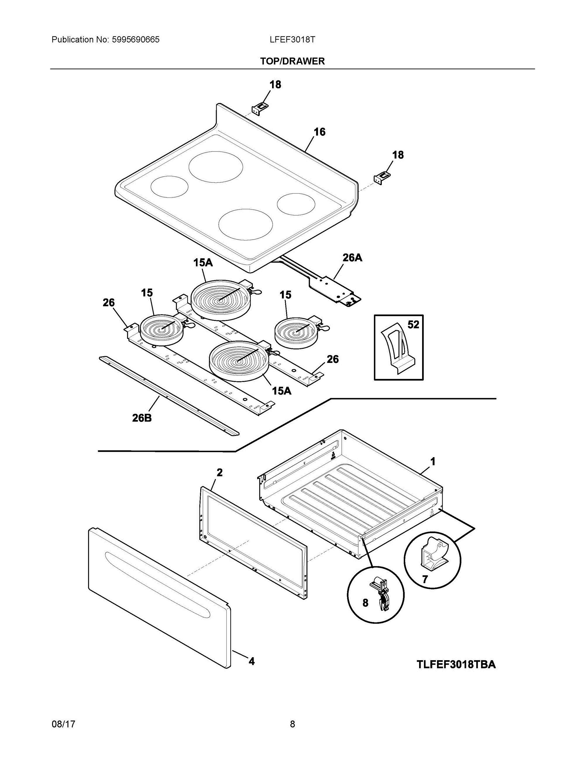 04 - TOP/DRAWER Diagram and Parts List for LFEF3018TWC  Frigidaire Range