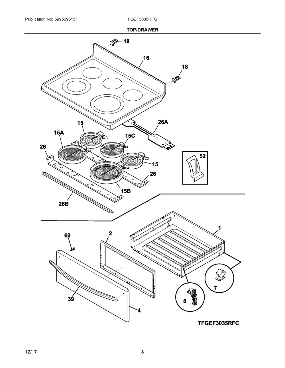 Top/drawer Diagram and Parts List for FGEF3035RFG  Frigidaire Range