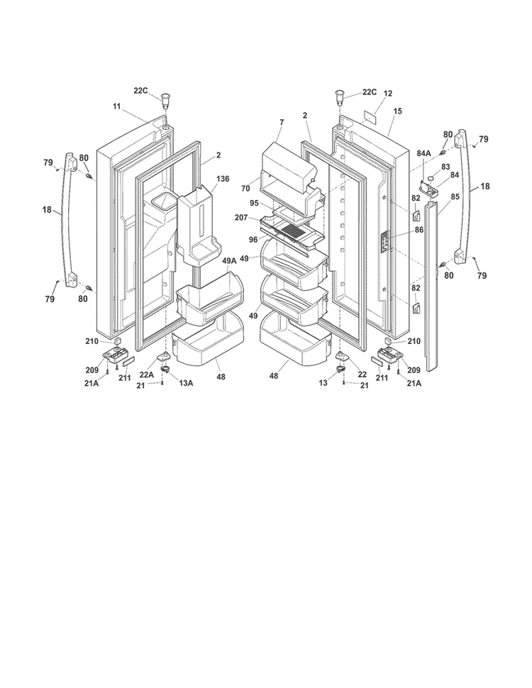 Fresh Food Doors Diagram and Parts List for FPHB2899PF0  Frigidaire Refrigerator