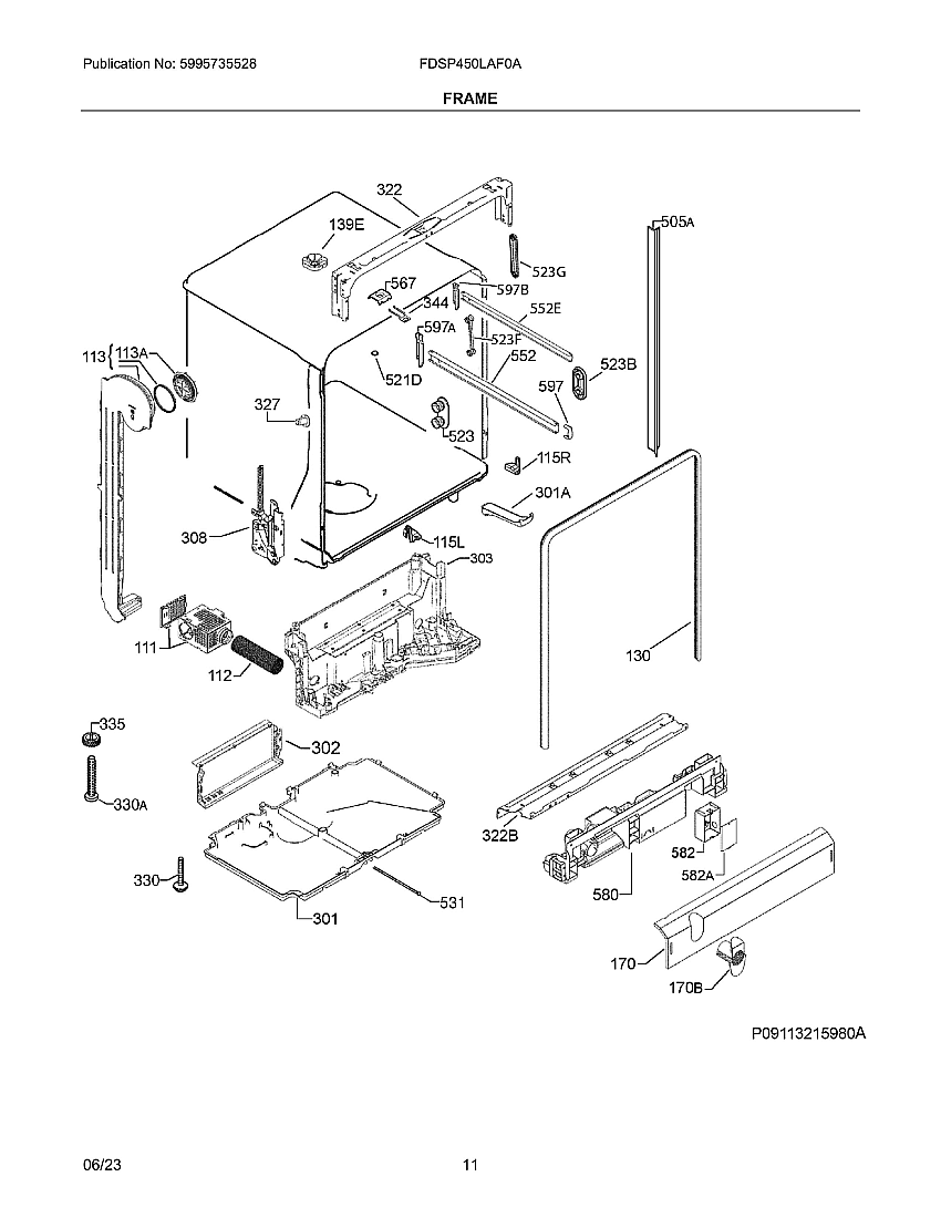 Frame Diagram and Parts List for FDSP450LAF0A  Frigidaire Dishwasher