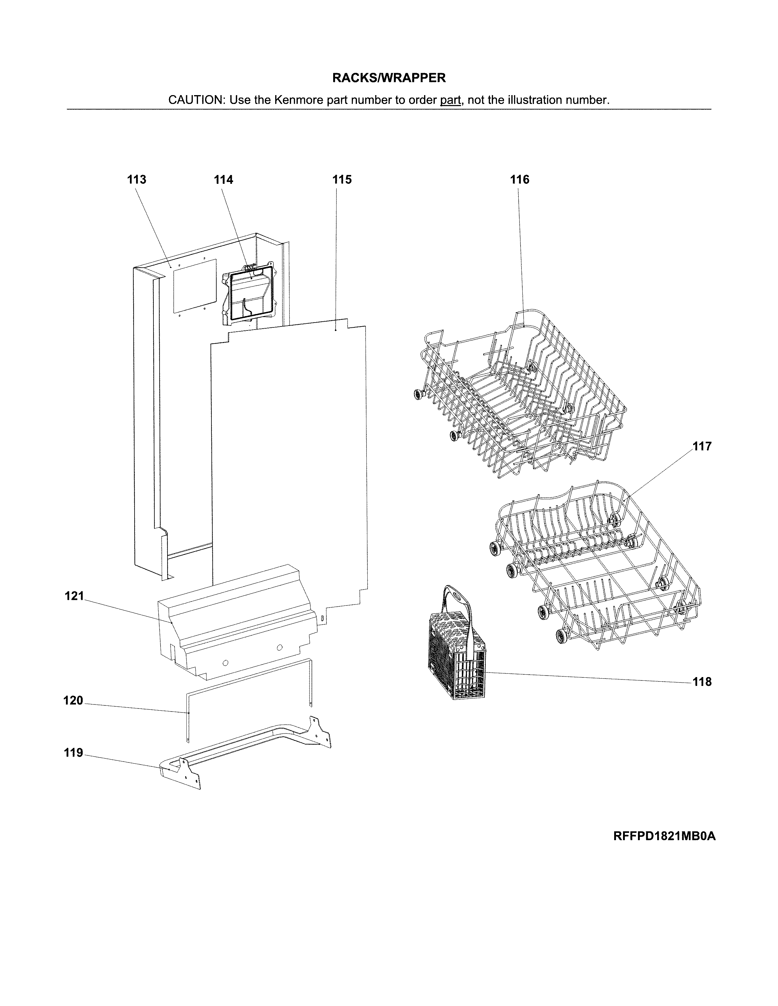 Racks/wrapper Diagram and Parts List for 58714652201B  Kenmore Dishwasher