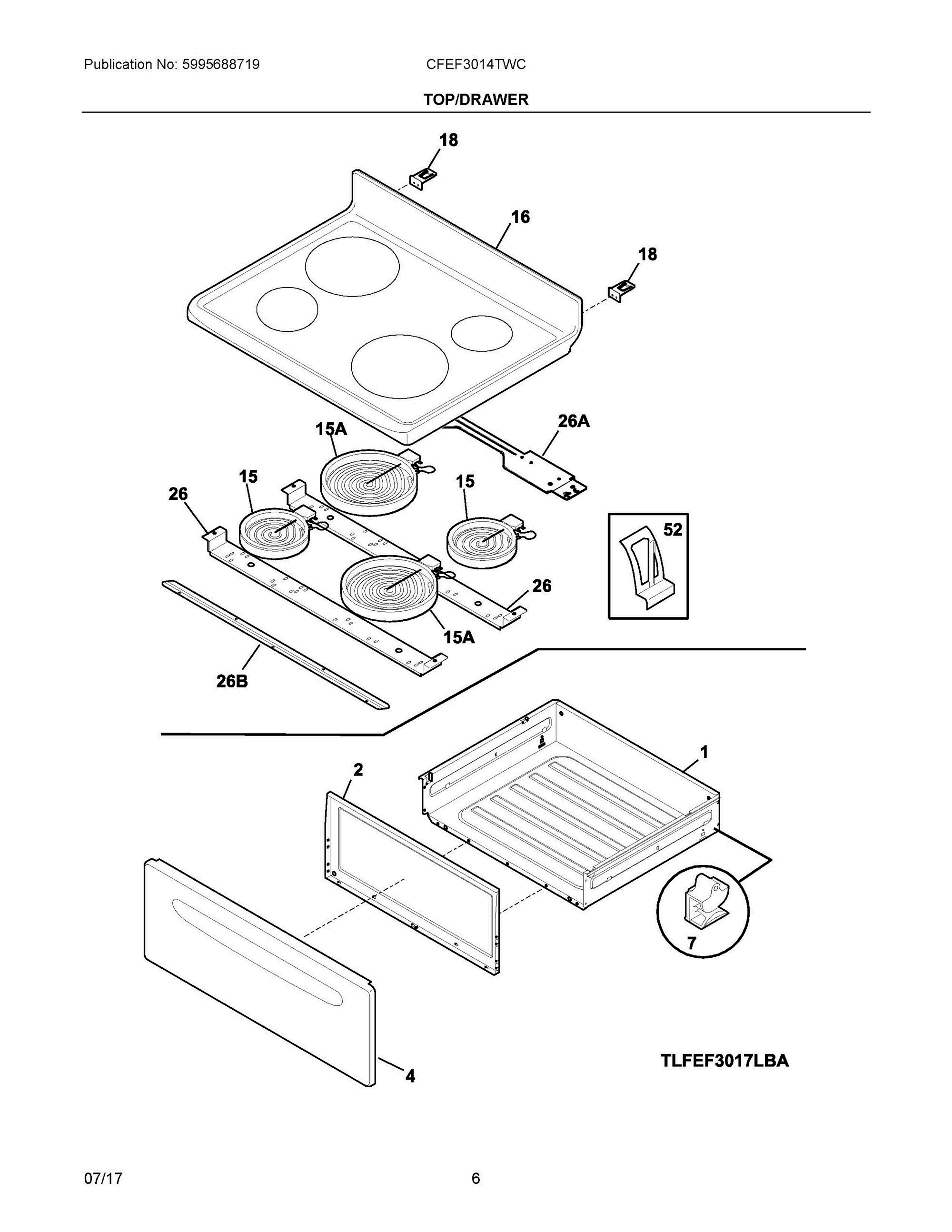 04 - TOP/DRAWER Diagram and Parts List for CFEF3014TWC  Frigidaire Range