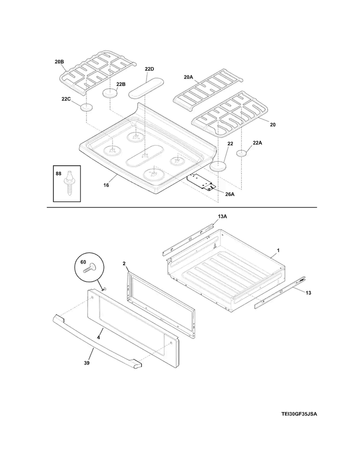 Top/drawer Diagram and Parts List for EI30GF35JSB  Electrolux Range