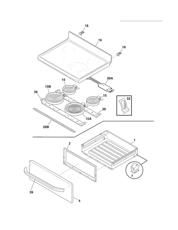 Top/drawer Diagram and Parts List for KAEF3016MSB  Kelvinator Range