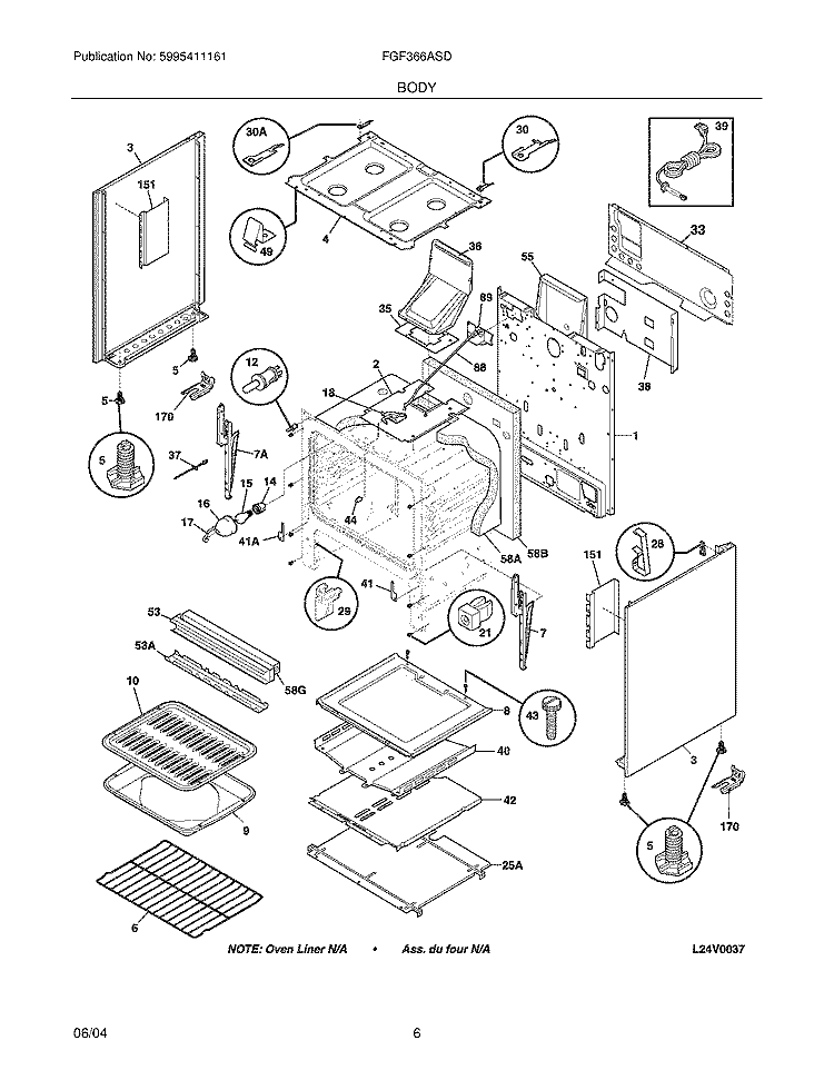BODY Diagram and Parts List for FGF366ASD  Frigidaire Range