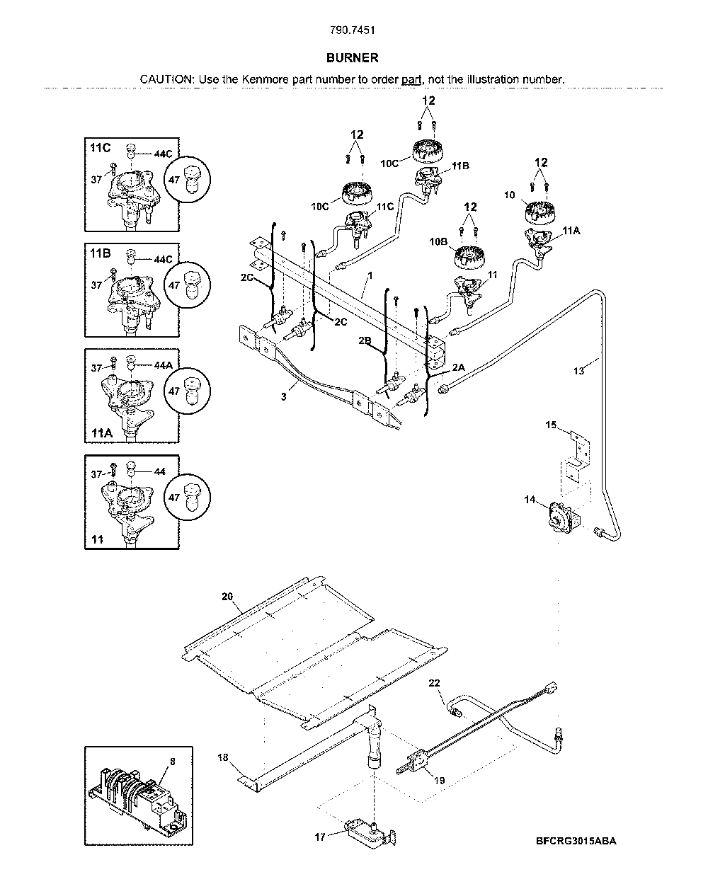 Burner Diagram and Parts List for 79074512910  Kenmore Range
