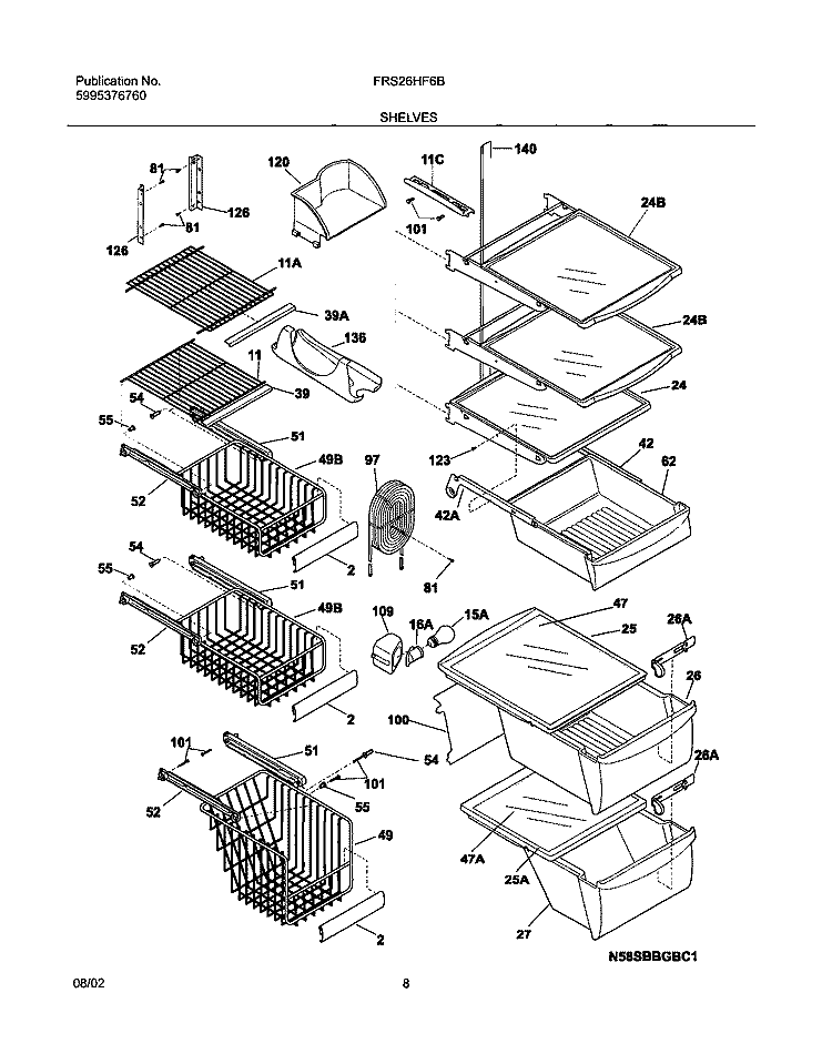 SHELVES Diagram and Parts List for FRS26HF6BQ1  Frigidaire Refrigerator