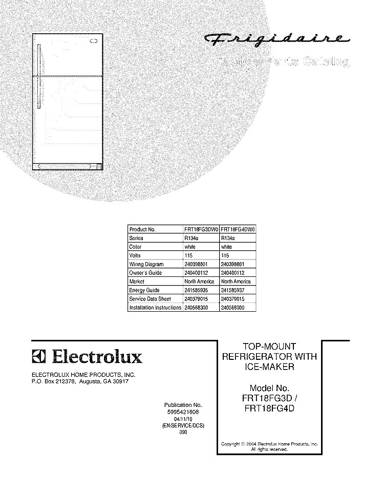 COVER Diagram and Parts List for FRT18FG3DW0  Frigidaire Refrigerator