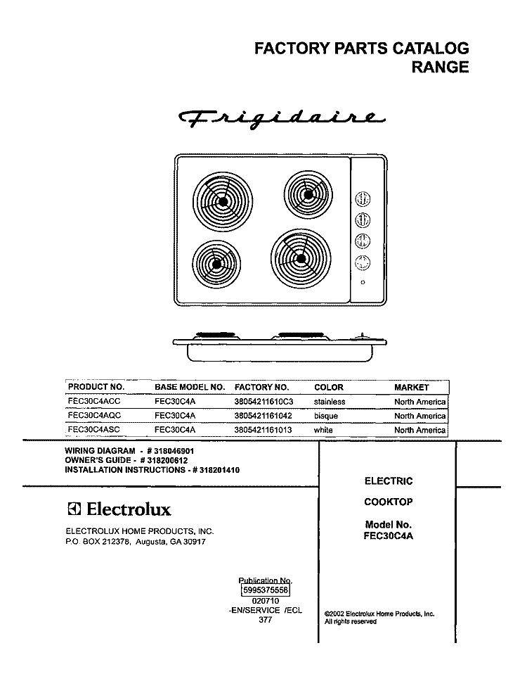 COVER Diagram and Parts List for FEC30C4ACC  Frigidaire Cooktop