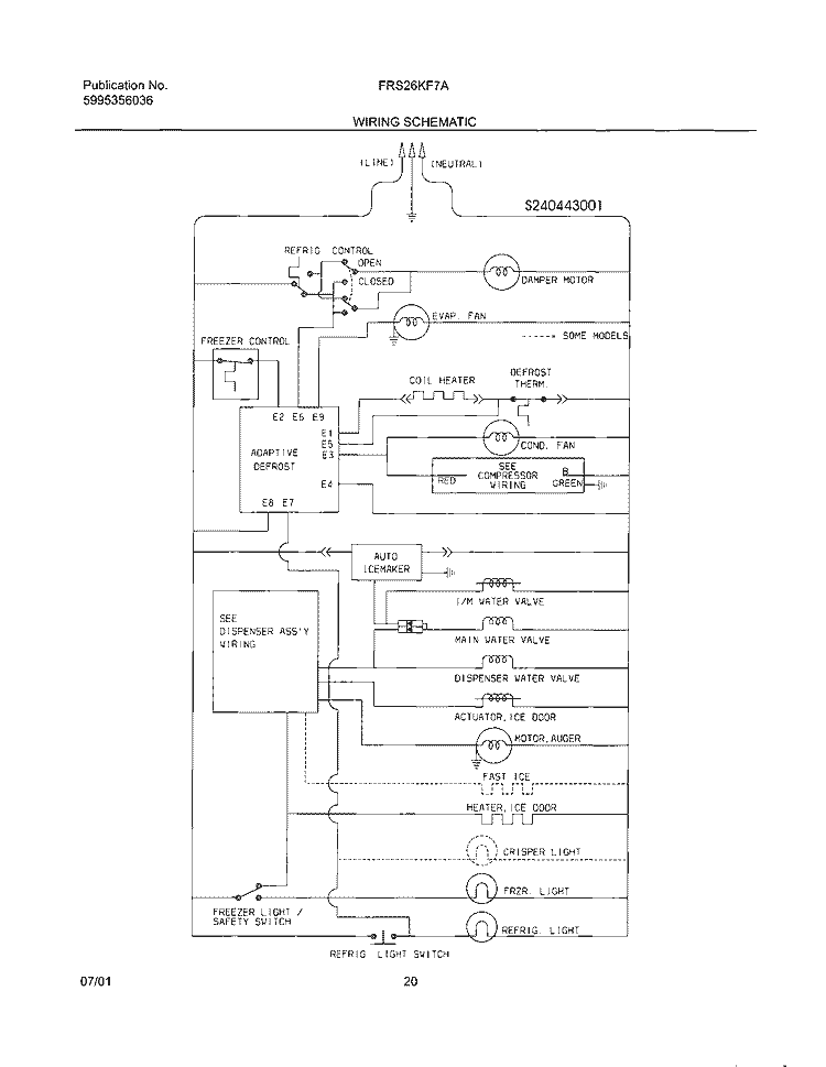 WIRING SCHEMATIC Diagram and Parts List for FRS26KF7AB0  Frigidaire Refrigerator