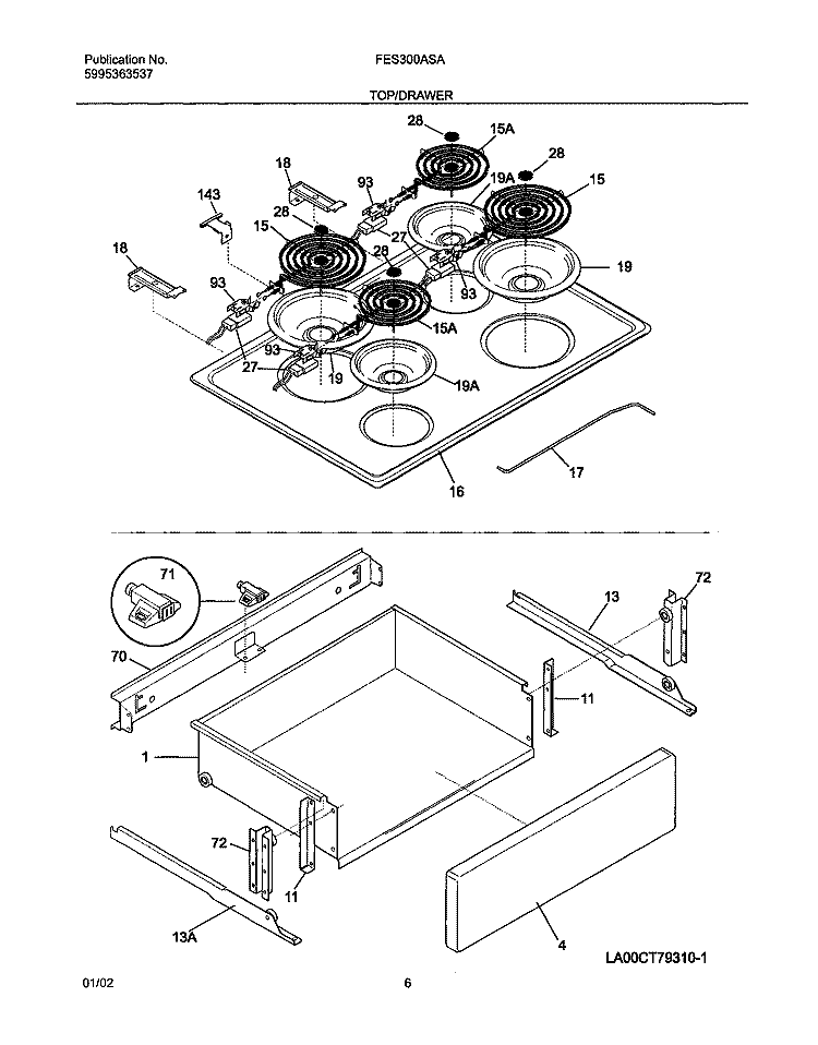 TOP / DRAWER Diagram and Parts List for FES300ASA  Frigidaire Range
