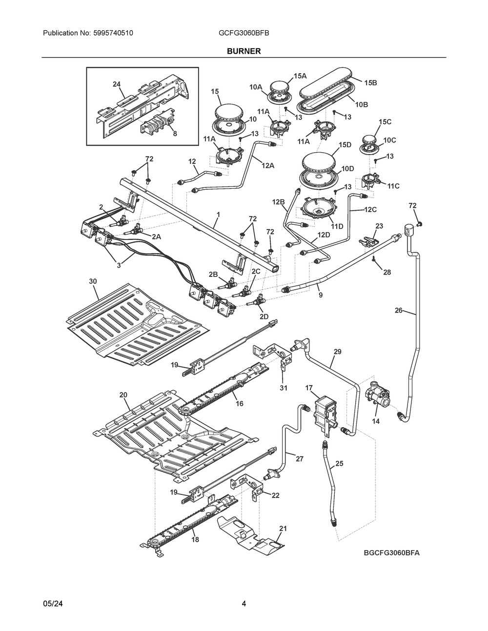 Burner Diagram and Parts List for GCFG3060BFB  Frigidaire Range
