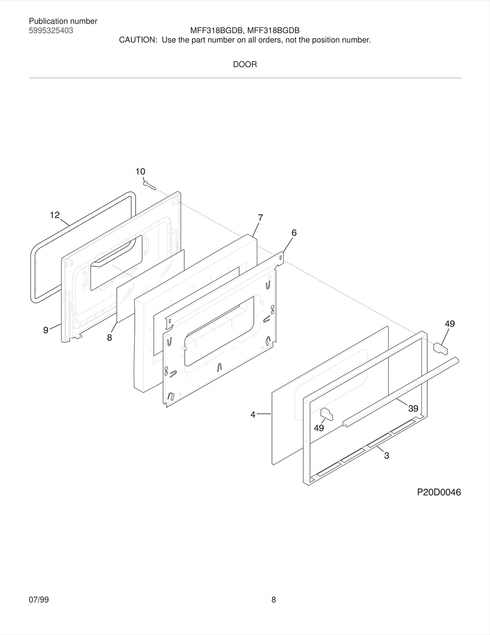 Door Diagram and Parts List for MFF318BGWB  Frigidaire Range