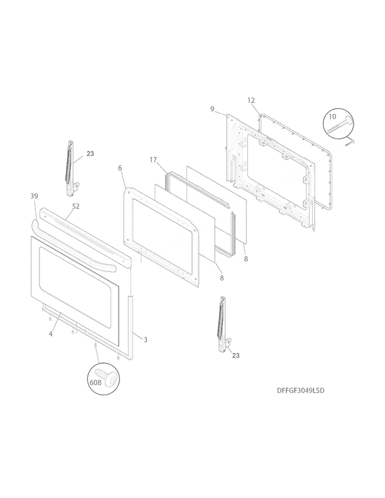 Door Diagram and Parts List for FFGF3049LSG  Frigidaire Range
