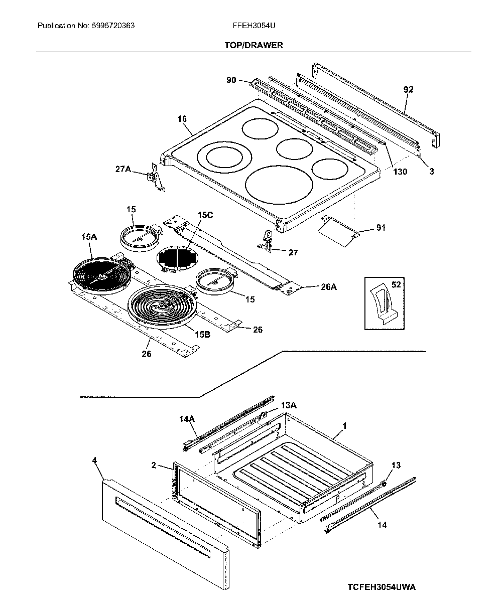 Top/drawer Diagram and Parts List for FFEH3054UBB  Frigidaire Range
