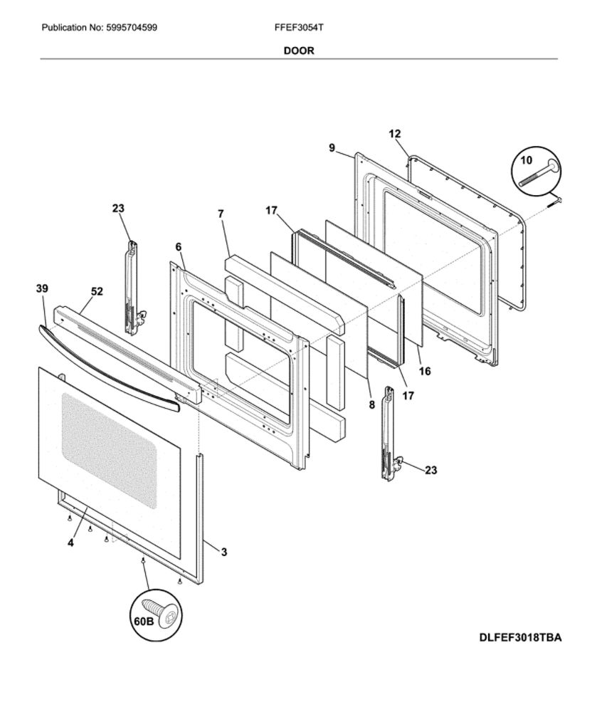 Door Diagram and Parts List for FFEF3054TWF  Frigidaire Range