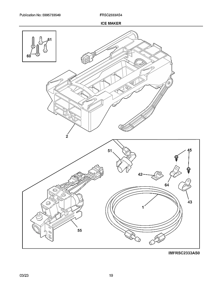 Ice Maker Diagram and Parts List for FRSC2333AS4A  Electrolux Refrigerator