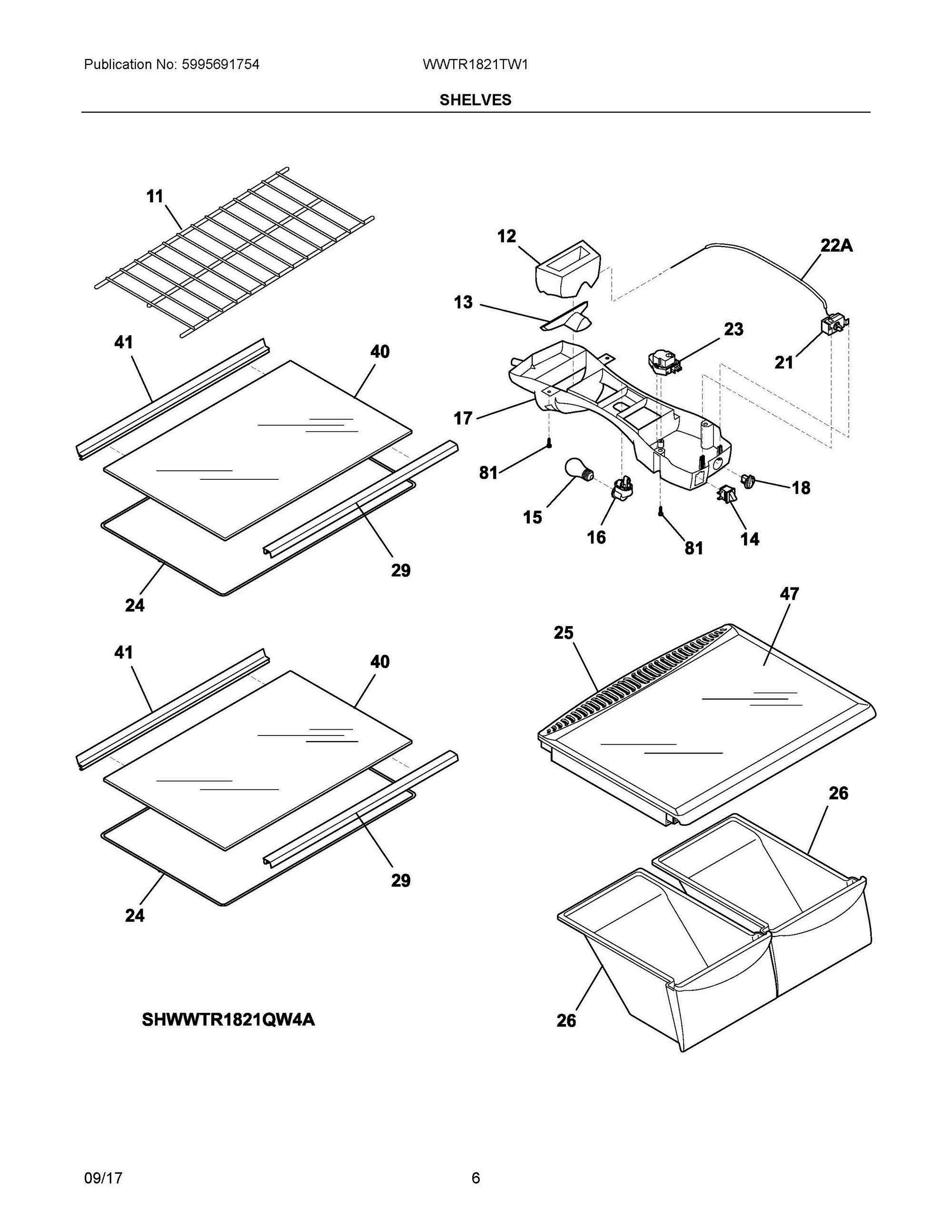 04 - SHELVES Diagram and Parts List for WWTR1821TW1  Frigidaire Refrigerator