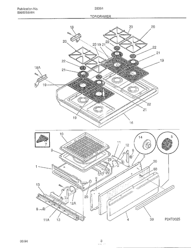 Top/drawer Diagram and Parts List for 28364  Frigidaire Range