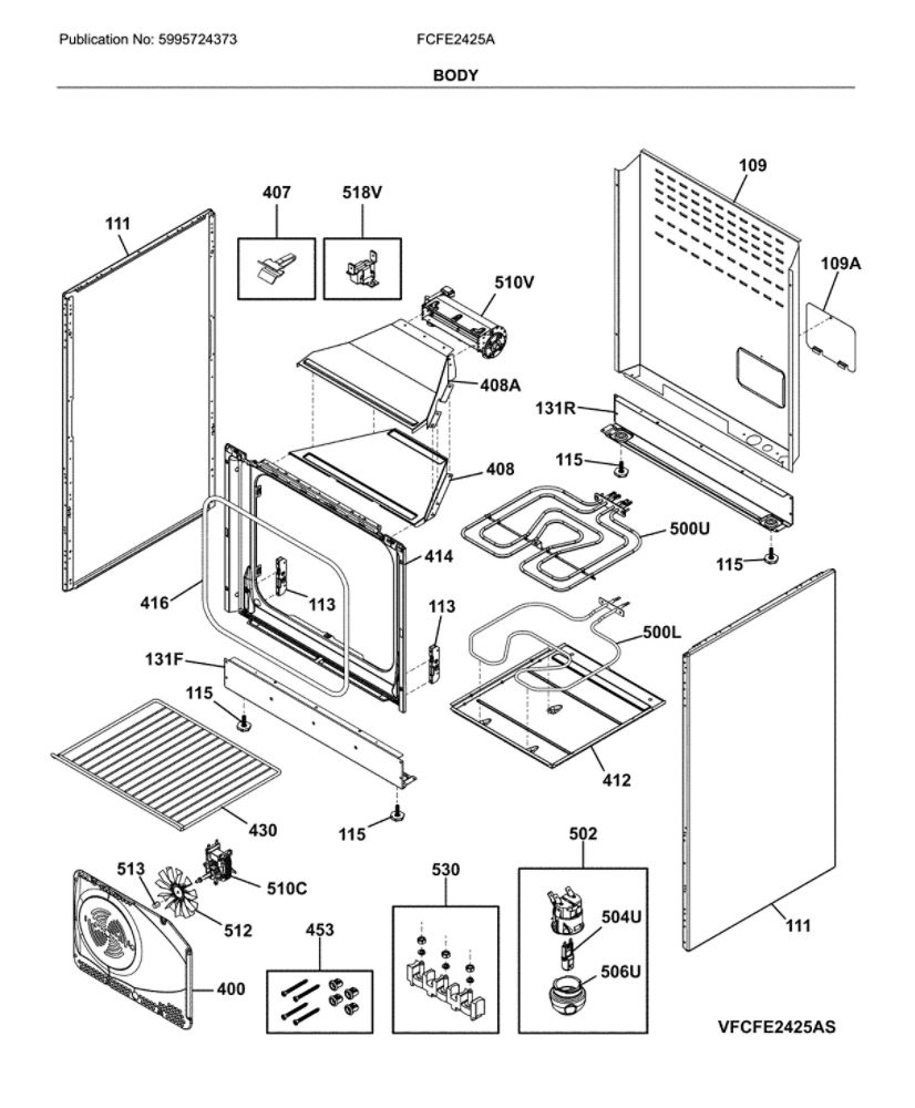 Body Diagram and Parts List for FCFE2425AS  Frigidaire Range