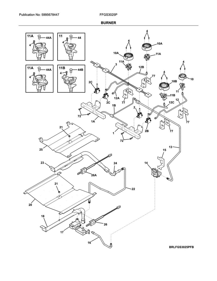 Burner Diagram and Parts List for FFGS3025PBG  Frigidaire Range